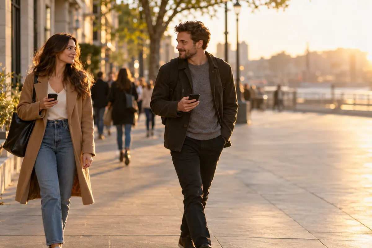 Eine Frau und ein Mann spazieren eine sonnige Promenade entlang und lächeln sich an