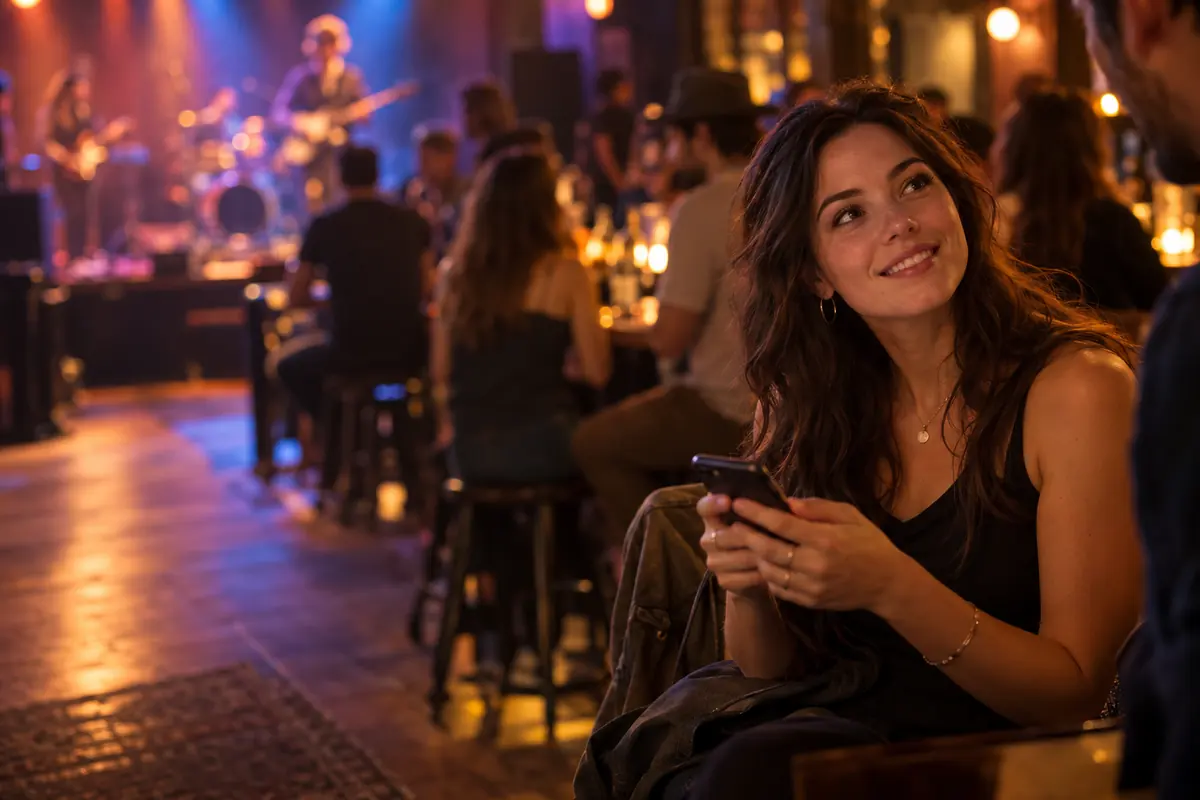 Una donna in un locale con musica dal vivo alza lo sguardo dal telefono con un sorriso