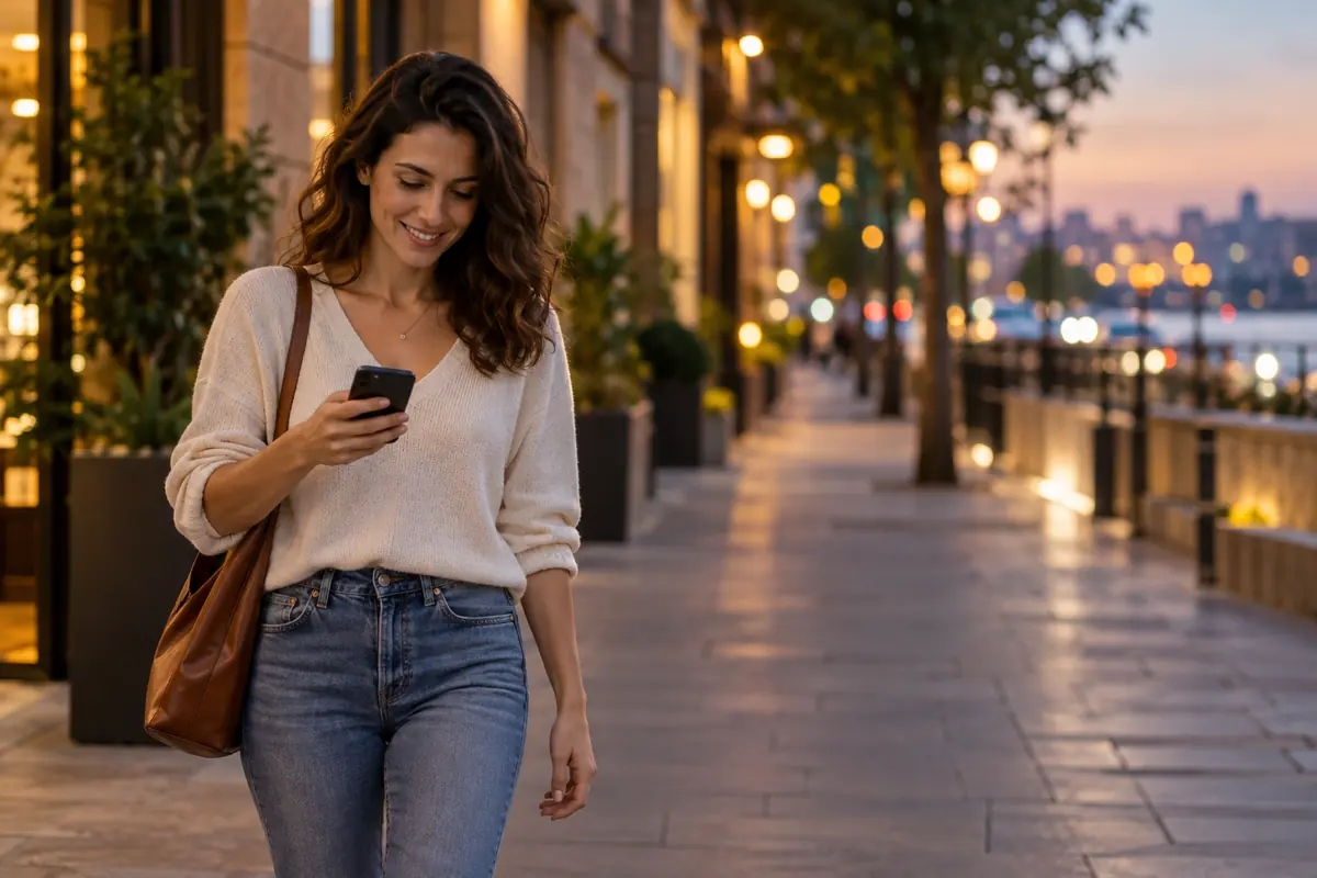 Una donna che torna a casa la sera lungo una strada ben illuminata, sorridendo al telefono